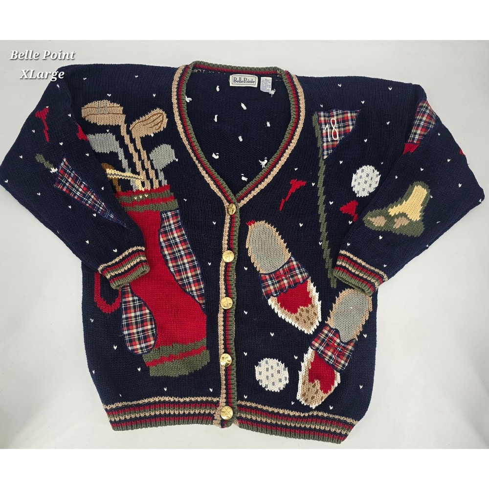 Vintage BellePointe Golf Cardigan XL Ramie Cotton Novelty Tartan Plaid Golfcore